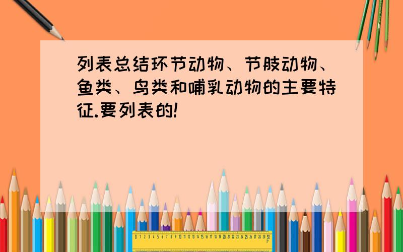 列表总结环节动物、节肢动物、鱼类、鸟类和哺乳动物的主要特征.要列表的!