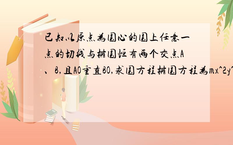 已知以原点为圆心的圆上任意一点的切线与椭圆恒有两个交点A、B,且AO垂直BO,求圆方程椭圆方程为mx^2y^2=1,其中m=1/4我设切线方程为y=kx+b，把它带入椭圆方程中，得到一个二元方程，用维达定