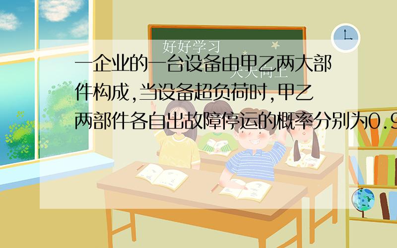 一企业的一台设备由甲乙两大部件构成,当设备超负荷时,甲乙两部件各自出故障停运的概率分别为0.92与0.88,它们同事出故障停运的概率为0.83,求超负荷时这台设备出故障的概率.