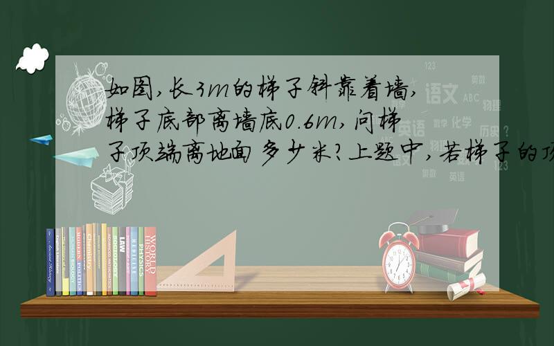 如图,长3m的梯子斜靠着墙,梯子底部离墙底0.6m,问梯子顶端离地面多少米?上题中,若梯子的顶部自墙面下滑了0.9m,那么梯子梯子的底端沿地面向外滑动的距离是否也为0.9m?请说明理由.