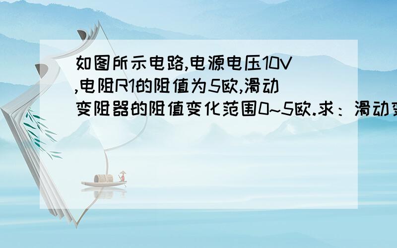 如图所示电路,电源电压10V,电阻R1的阻值为5欧,滑动变阻器的阻值变化范围0~5欧.求：滑动变阻器移动时,电压表,电流表示数的变化范围是多少?