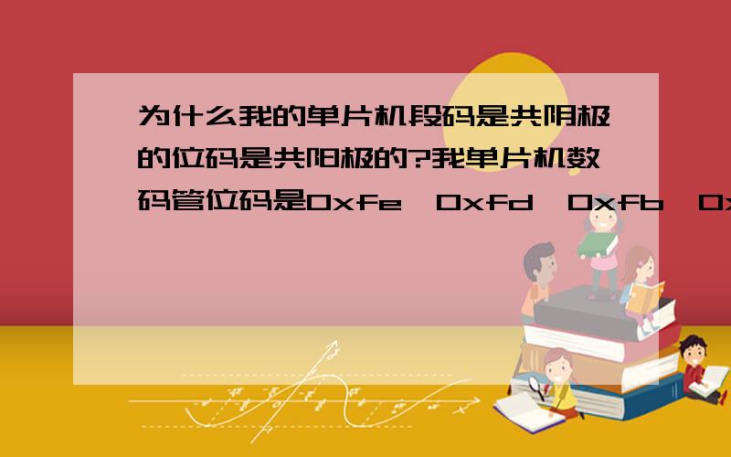 为什么我的单片机段码是共阴极的位码是共阳极的?我单片机数码管位码是0xfe,0xfd,0xfb,0xf7,0xef,0xdf,0xbf,0x7f,是共阳极的,按理说应该用共阳极的段码,可程序中却用的共阴极的段码,{0x3f,0x06,0x5b,0x4f