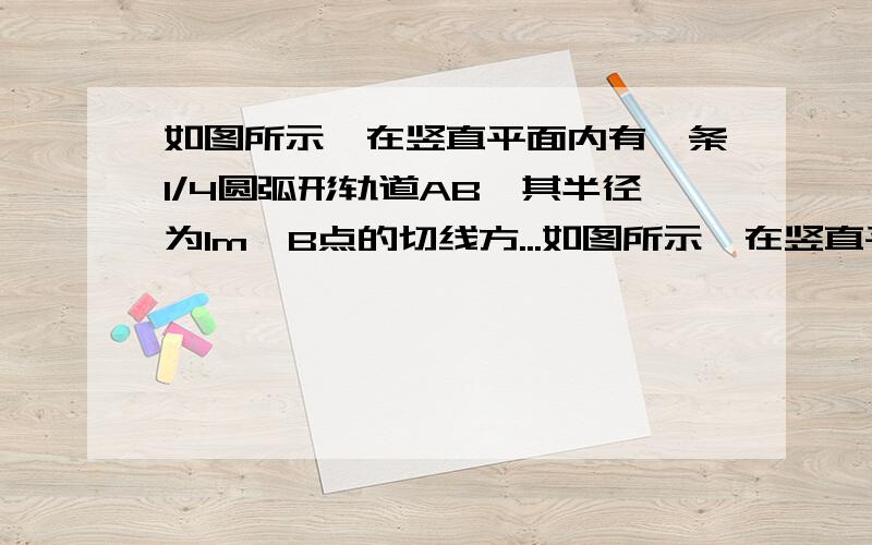 如图所示,在竖直平面内有一条1/4圆弧形轨道AB,其半径为1m,B点的切线方...如图所示,在竖直平面内有一条1/4圆弧形轨道AB,其半径为1m,B点的切线方向恰好为水平方向,一个质量为1kg的小物体,从轨