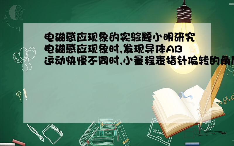 电磁感应现象的实验题小明研究电磁感应现象时,发现导体AB运动快慢不同时,小量程表指针偏转的角度不同,请你针对这一现象提出一个合理的猜想,并用该实验装置设计一个试验进行探究.出了