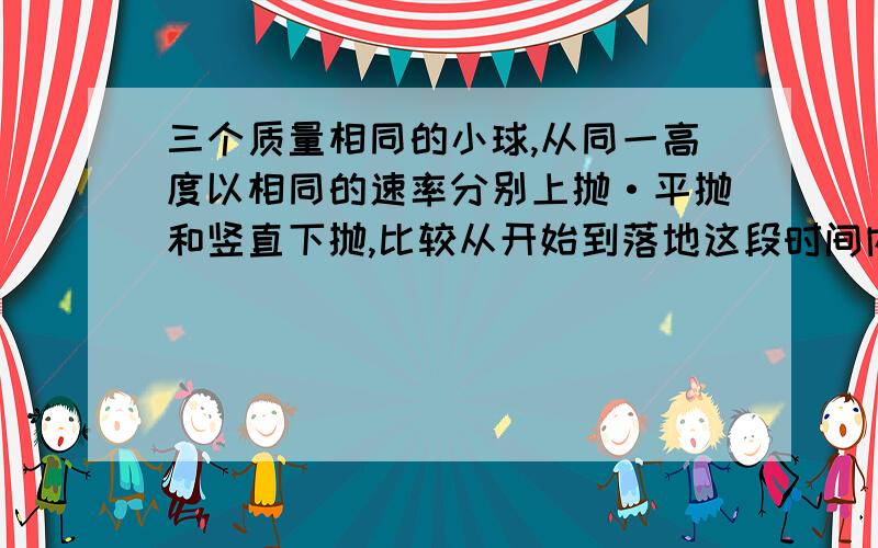 三个质量相同的小球,从同一高度以相同的速率分别上抛·平抛和竖直下抛,比较从开始到落地这段时间内重力做功的多少，重力的平均速率的大小，落地时重力的即时功率大小。（不计空气阻