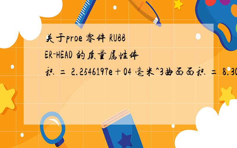 关于proe 零件 RUBBER-HEAD 的质量属性体积 = 2.2546197e+04 毫米^3曲面面积 = 8.3059849e+03 毫米^2密度 = 1.0000000e+00 公斤 / 毫米^3质量 = 2.2546197e+04 公斤