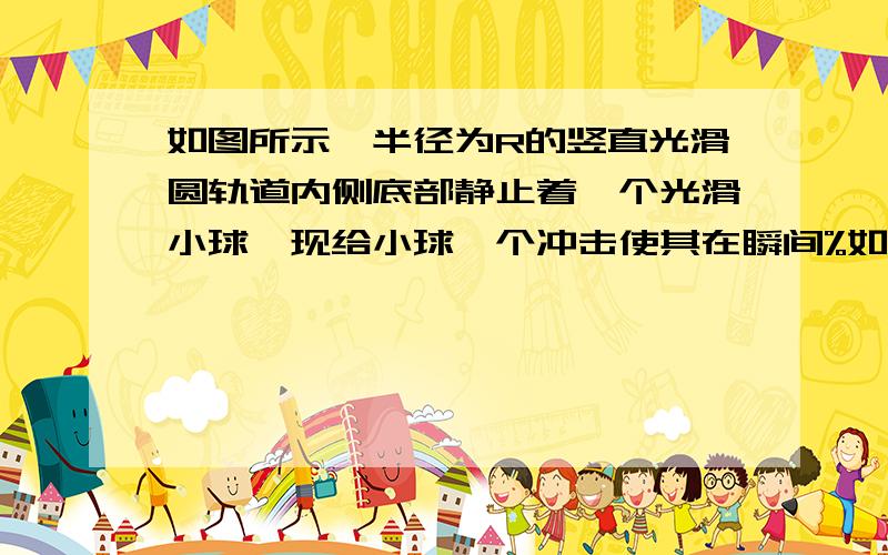 如图所示,半径为R的竖直光滑圆轨道内侧底部静止着一个光滑小球,现给小球一个冲击使其在瞬间%如图所示,半径为R的竖直光滑圆轨道内侧底部静止着一个光滑小球,现给小球一个冲击使其在瞬