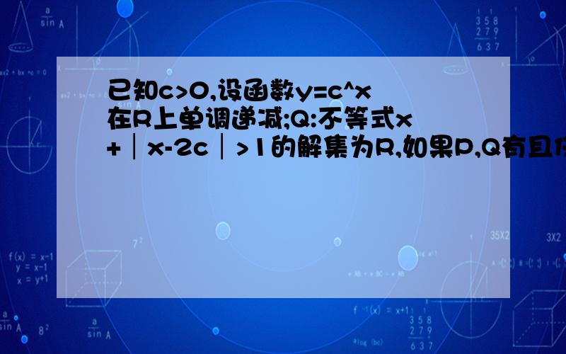 已知c>0,设函数y=c^x在R上单调递减;Q:不等式x+│x-2c│>1的解集为R,如果P,Q有且仅有一个正确,求c的范围我跟你说我都比你做的多