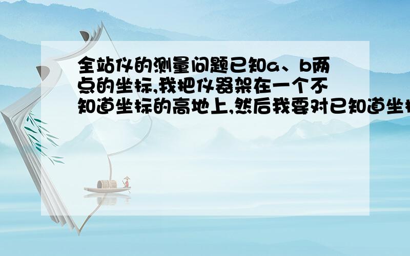 全站仪的测量问题已知a、b两点的坐标,我把仪器架在一个不知道坐标的高地上,然后我要对已知道坐标的c点进行放样,请问怎么操作和?最好回答详细点,最好把计算也写出来.