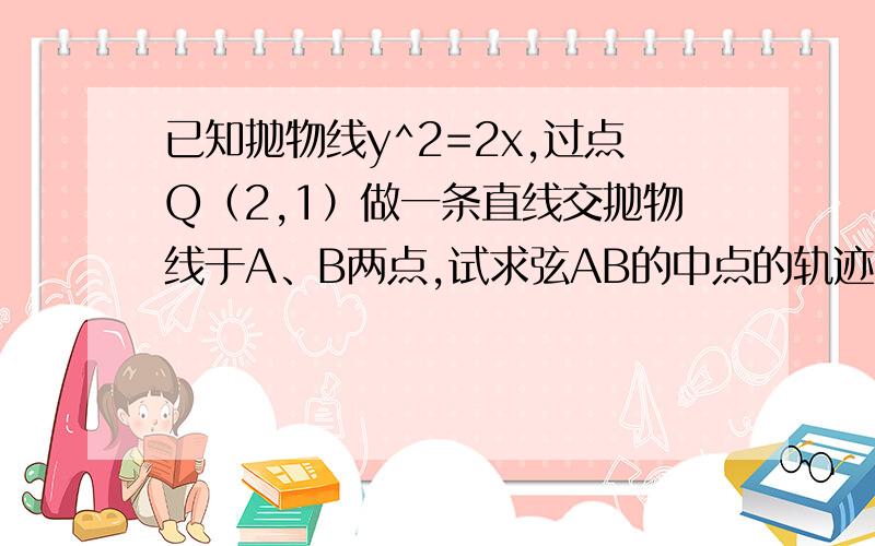 已知抛物线y^2=2x,过点Q（2,1）做一条直线交抛物线于A、B两点,试求弦AB的中点的轨迹方程.我做到把y=k(x-2)+1带入y^2=2x,得k^2(x-1)^2+4k(x-1)+(4-2x)=0,用完韦达定理后就不知道该怎么办了,圆锥曲线我学