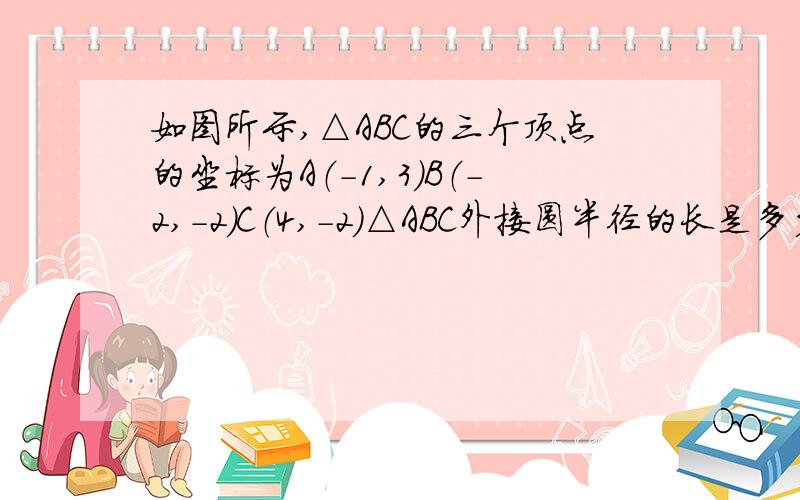 如图所示,△ABC的三个顶点的坐标为A（－1,3）B（－2,－2）C（4,－2）△ABC外接圆半径的长是多少