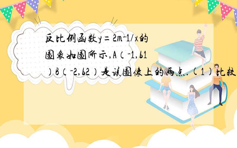 反比例函数y=2m-1/x的图象如图所示,A（-1,b1）B（-2,b2）是该图像上的两点.(1)比较b1,b2的大小.(2)求m的取值范围