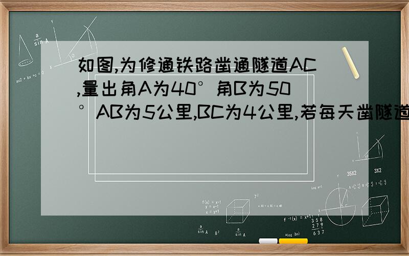 如图,为修通铁路凿通隧道AC,量出角A为40°角B为50°AB为5公里,BC为4公里,若每天凿隧道0.3公里,问几天才能把隧道AB凿通?