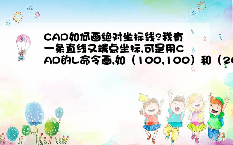 CAD如何画绝对坐标线?我有一条直线又端点坐标,可是用CAD的L命令画,如（100,100）和（200,200）,终点坐标（200,200）却变成了（300,300）怎么设置?