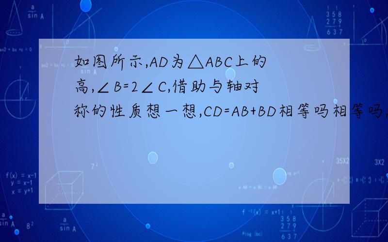 如图所示,AD为△ABC上的高,∠B=2∠C,借助与轴对称的性质想一想,CD=AB+BD相等吗相等吗,请说明你的理由