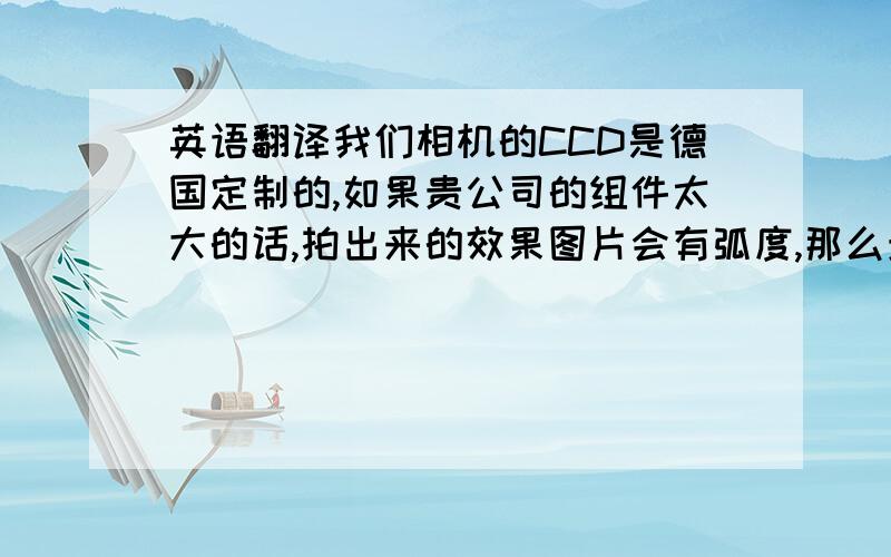 英语翻译我们相机的CCD是德国定制的,如果贵公司的组件太大的话,拍出来的效果图片会有弧度,那么贵公司可以考虑添加一个相机,添加一个400万像素的相机的费用是9万.我们只负责把货运输到