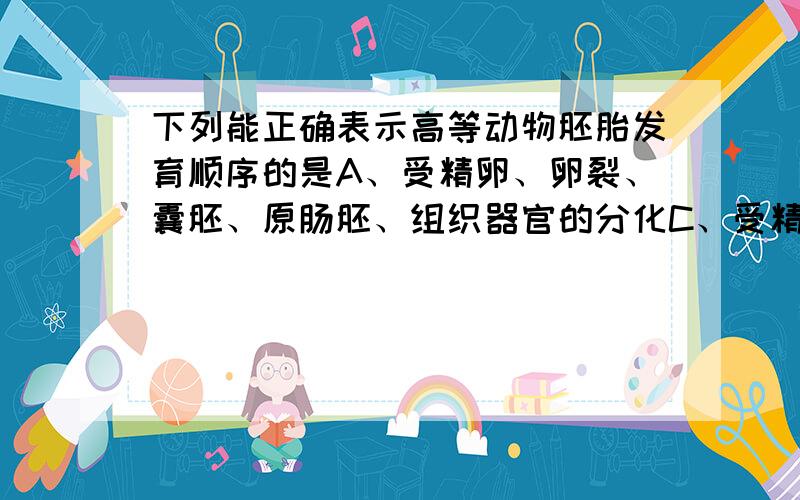 下列能正确表示高等动物胚胎发育顺序的是A、受精卵、卵裂、囊胚、原肠胚、组织器官的分化C、受精卵、囊胚、原肠胚D、受精卵、卵裂、桑葚胚、囊胚、原肠胚、组织器官的分化、