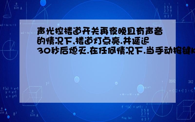 声光控楼道开关再夜晚且有声音的情况下,楼道灯点亮.并延迟30秒后熄灭.在任何情况下.当手动按键K1按下,楼道灯均点亮.并延迟30秒后熄灭.负载为不小于25W的白炽灯整体消耗功率为小于等于1W