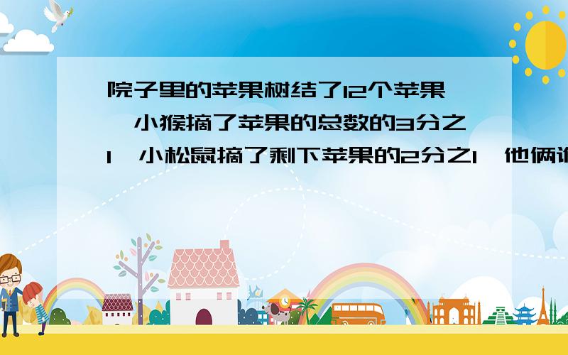 院子里的苹果树结了12个苹果,小猴摘了苹果的总数的3分之1,小松鼠摘了剩下苹果的2分之1,他俩谁摘得多