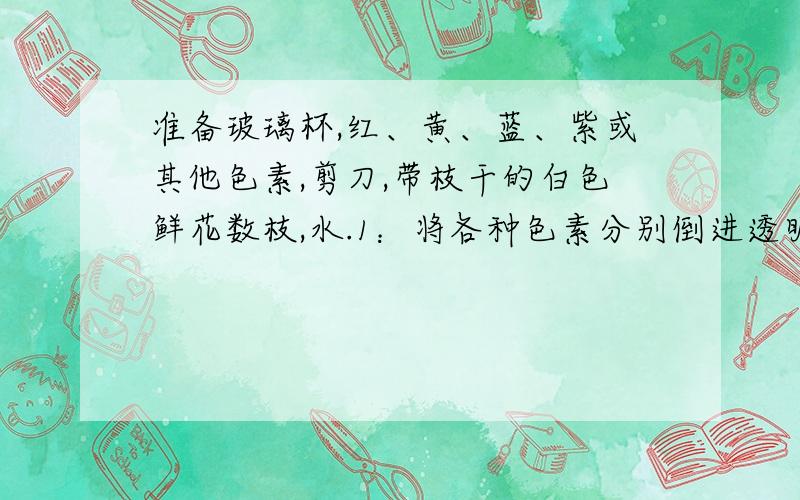 准备玻璃杯,红、黄、蓝、紫或其他色素,剪刀,带枝干的白色鲜花数枝,水.1：将各种色素分别倒进透明玻璃杯中,搅拌均匀.2：取几枝花,将其茎部分别浸入各种颜色的溶液中.3：将一枝花的茎部