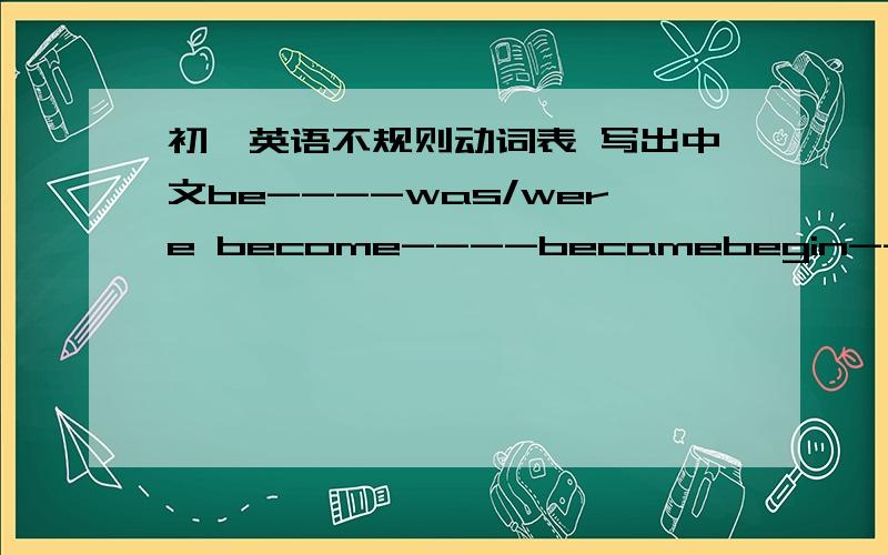 初一英语不规则动词表 写出中文be----was/were become----becamebegin----beganbreak----brokebring----broughtbuild----builtbuy----boughtcan----couldcatch----caughtchoose----chosecome----camecost----costcut----cutdig----dugdraw----drewdrink--