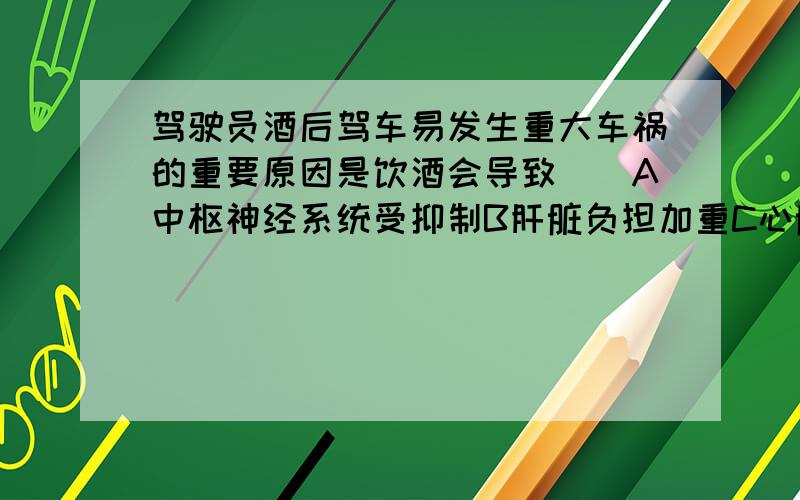 驾驶员酒后驾车易发生重大车祸的重要原因是饮酒会导致（）A中枢神经系统受抑制B肝脏负担加重C心脏、血管受损