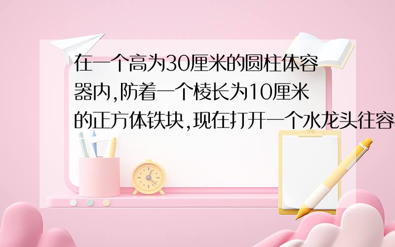 在一个高为30厘米的圆柱体容器内,防着一个棱长为10厘米的正方体铁块,现在打开一个水龙头往容器里注水,3分钟时水面恰好与正方体铁块顶面水平,14分钟时,水罐满容器.该容器的容积是多少立