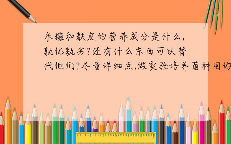 米糠和麸皮的营养成分是什么,孰优孰劣?还有什么东西可以替代他们?尽量详细点,做实验培养菌种用的我想用麸皮或者米糠自制堆肥菌,网上都说麸皮好,但是我这边麸皮不好买,米糠到时常见,