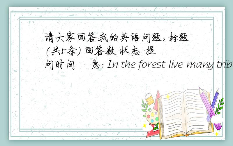 请大家回答我的英语问题,标题(共5条) 回答数 状态 提问时间 ·急：In the forest live many tribes(部落),one of (them/which) is Pygmy.3 离问题结束还有 14 天 ·急,You'd better not.,had you?1 离问题结束还有 14 天