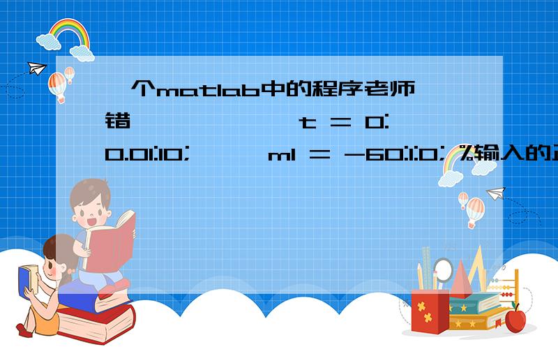 一个matlab中的程序老师错,>> 　　　t = 0:0.01:10;　　　m1 = -60:1:0; %输入的正弦信号幅度不同　　　m = 10.^(m1/20);　　　figure(1)　　　for i = 1:length(m)　　　for j = 1:2　　　x1 = m(i)*sin(2*pi*t+2*pi*rand(1)