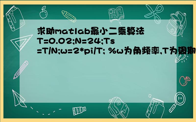 求助matlab最小二乘算法T=0.02;N=24;Ts=T/N;w=2*pi/T; %w为角频率,T为周期,N为采样点数,Ts为采样间隔t=0:Ts:6*T; %用来离散函数,共6个周期,6*24个点.y=20*exp(-t/0.03)+20*sin(w*t+pi/3)+4*sin(2*w*t)+10*sin(3*w*t)+2*sin(4*w*t)