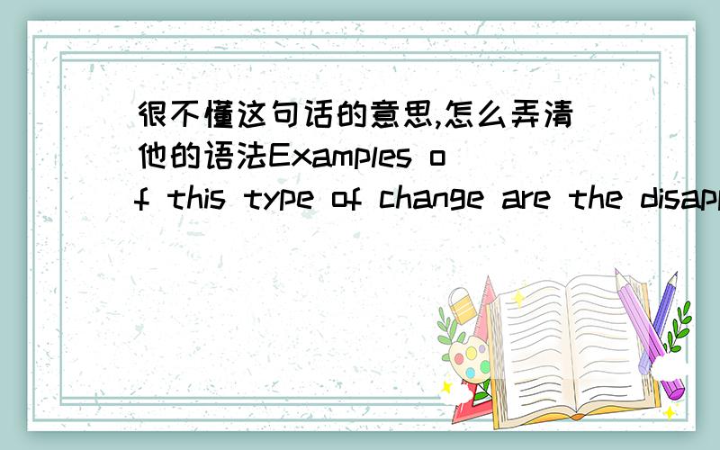 很不懂这句话的意思,怎么弄清他的语法Examples of this type of change are the disappearance of the frontier in the latter part of the nineteenth century in the United States,and more universally,the industrialization of an agricultural