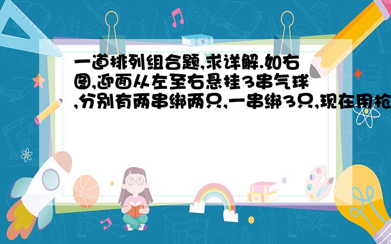 一道排列组合题,求详解.如右图,迎面从左至右悬挂3串气球,分别有两串绑两只,一串绑3只,现在用枪射击气球,假设每枪均能命中一只气球,要求每次射击只能射击每串最下方的气球,则用7枪击爆