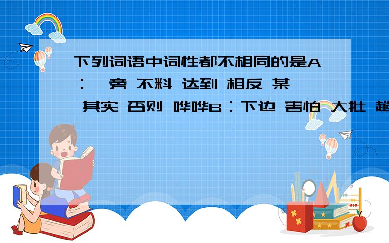 下列词语中词性都不相同的是A：一旁 不料 达到 相反 某 其实 否则 哗哗B：下边 害怕 大批 趟 其余 重新 除了 既然C：中午 等于 灿烂 多项 共同 分外 将 尚且D：作风 有 相对 架次 难道 然后