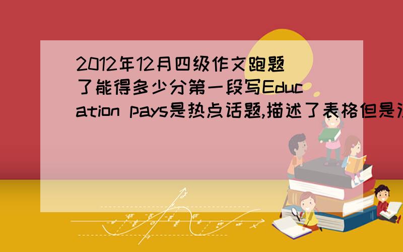 2012年12月四级作文跑题了能得多少分第一段写Education pays是热点话题,描述了表格但是没提数据.第二段写越来越多的人投资教育.第三段写高学历能找到好工作但是学习的兴趣也很重要.完全跑