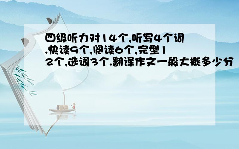 四级听力对14个,听写4个词.快读9个,阅读6个,完型12个,选词3个.翻译作文一般大概多少分