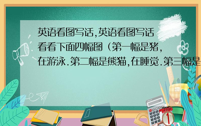 英语看图写话,英语看图写话 看看下面四幅图（第一幅是猪,在游泳.第二幅是熊猫,在睡觉.第三幅是狗,再跑.第四幅是猫,在打架）.他们都是谁?他们在干什么?提示句型：there is .it has.it's.they're .