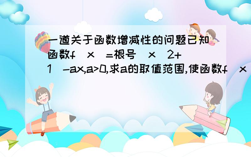 一道关于函数增减性的问题已知函数f(x)=根号(x^2+1)-ax,a>0,求a的取值范围,使函数f（x）在区间0到正无穷大上是单调函数,答案是a≥1,答案说0到1的范围中,存在两点x1=0,x2=2a/1-a^2 f（x1）=f（x2）.无