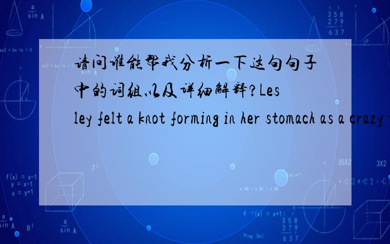 请问谁能帮我分析一下这句句子中的词组以及详细解释?Lesley felt a knot forming in her stomach as a crazy thought persisted at the back of her mind.