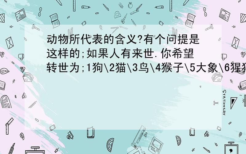 动物所代表的含义?有个问提是这样的;如果人有来世.你希望转世为;1狗\2猫\3鸟\4猴子\5大象\6猩猩\7牛\8羊\9猪\10马\11昆虫\12孔雀\13鱼\14蛇!请问这些动物分别代表什么含义?