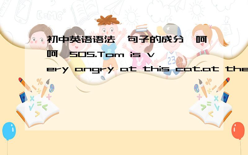 初中英语语法,句子的成分,呵呵,SOS.Tom is very angry at this cat.at the cat的作用是修饰angry还是做状语呢,如果是状语的话,属于哪类状语,地点状语，原因状语，不是状语，如果不是状语的话，不太好