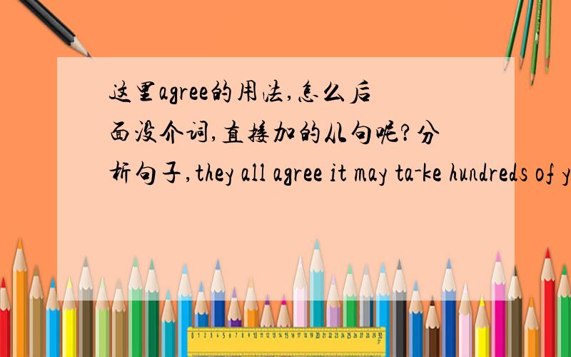 这里agree的用法,怎么后面没介词,直接加的从句呢?分析句子,they all agree it may ta-ke hundreds of years.