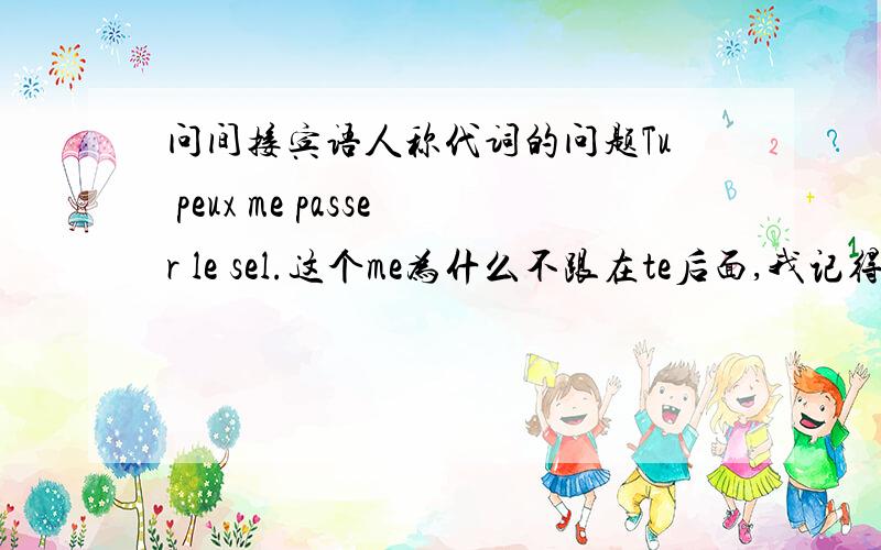 问间接宾语人称代词的问题Tu peux me passer le sel.这个me为什么不跟在te后面,我记得je te present mon ami Philipe.老是搞不懂