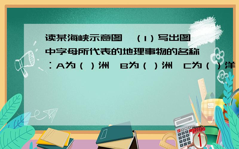 读某海峡示意图,（1）写出图中字母所代表的地理事物的名称：A为（）洲,B为（）洲,C为（）洋,D为（）洋.