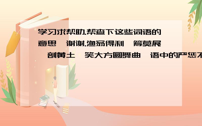 学习求帮助.帮查下这些词语的意思,谢谢.渔翁得利一筹莫展一剖黄土贻笑大方圆舞曲一语中的严惩不贷走投无路众口铄金蛊惑人心震撼人心仗义执言张皇失措