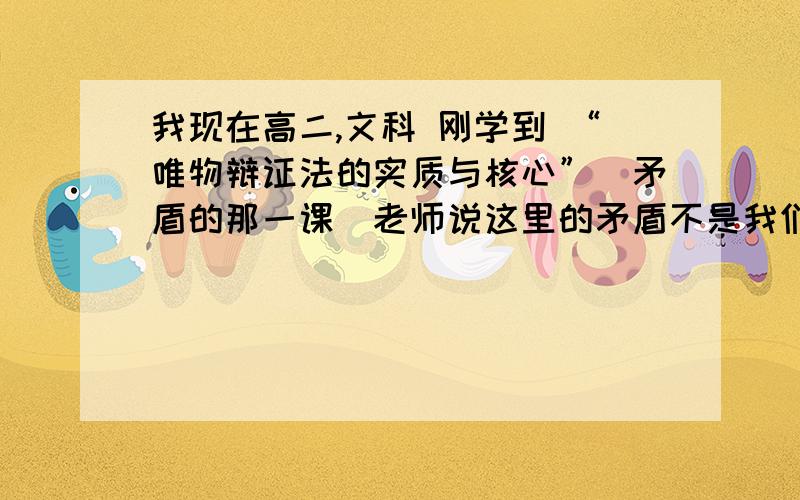 我现在高二,文科 刚学到 “唯物辩证法的实质与核心”（矛盾的那一课）老师说这里的矛盾不是我们之前生活中理解的矛盾,能跟我讲讲关于矛盾的理解吗?什么样的东西才算做政治上的矛盾?