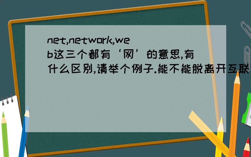 net,network,web这三个都有‘网’的意思,有什么区别,请举个例子.能不能脱离开互联网领域解释下啊？web有网的意思（蜘蛛网），network有网的意思，net也是。这三个网有什么区别，分别用在什么