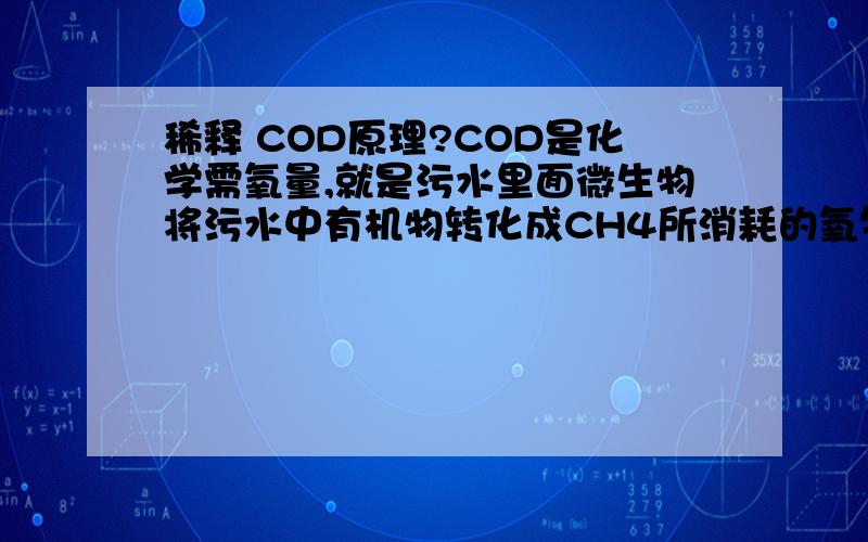 稀释 COD原理?COD是化学需氧量,就是污水里面微生物将污水中有机物转化成CH4所消耗的氧气,比如我取10L水,它COD是10000的话,取1/10,也就是1L,很显然稀释前有机物变成了原来的1/10,但是稀释后,加的