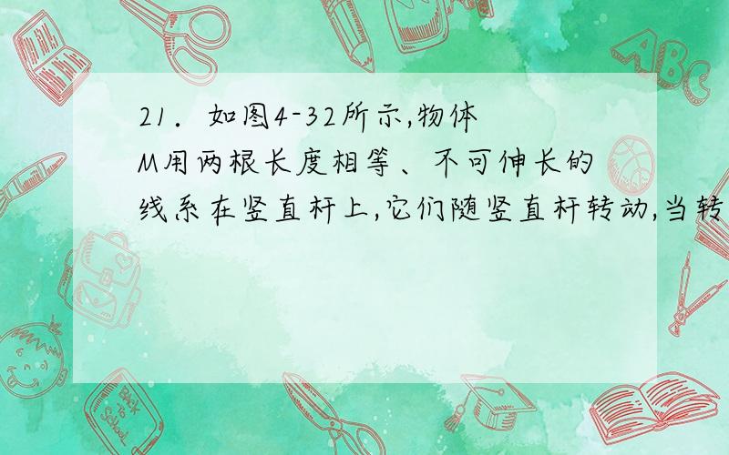 21．如图4-32所示,物体M用两根长度相等、不可伸长的线系在竖直杆上,它们随竖直杆转动,当转动角速度ω变A．ω只有超过某一数值时,绳AM的张力才出现B．绳BM的张力随ω的增大而增大C．不论ω