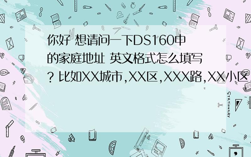 你好 想请问一下DS160中的家庭地址 英文格式怎么填写? 比如XX城市,XX区,XXX路,XX小区,X号X门X号